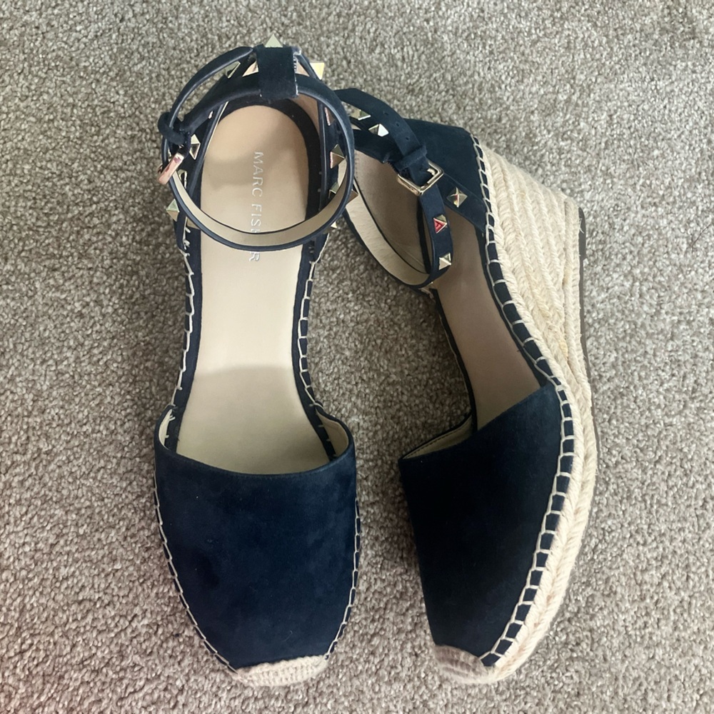 Marc Fisher Navy Blue Leather Sakti Espadrille Wedge‎ Ankle Strap Sandals 11M